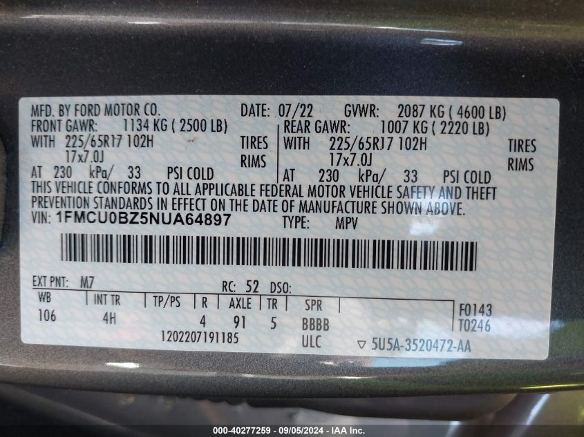 2022 Ford Escape Se Hybrid VIN: 1FMCU0BZ5NUA64897 Lot: 40277259