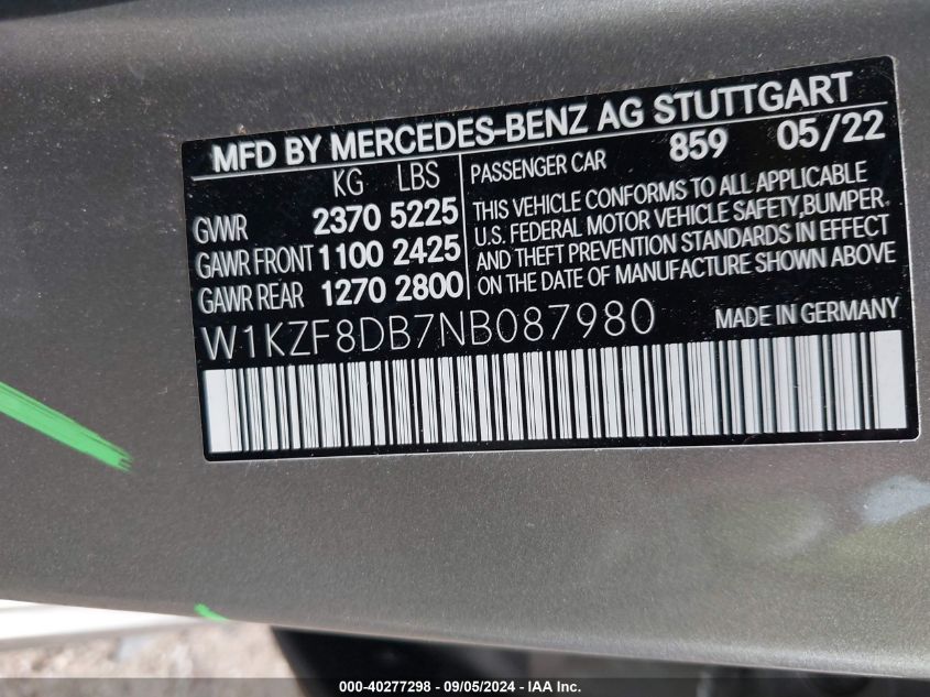 W1KZF8DB7NB087980 2022 Mercedes-Benz E 350 350