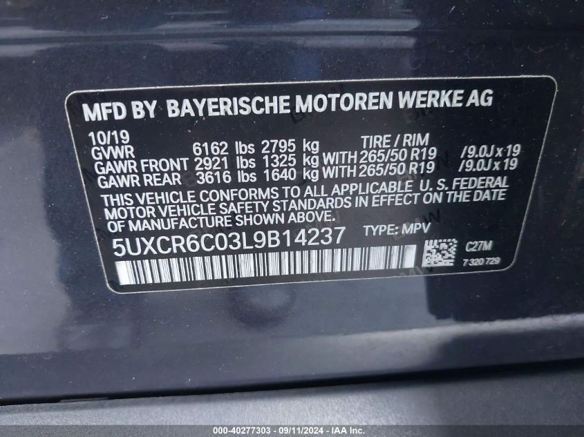 2020 BMW X5 xDrive40I VIN: 5UXCR6C03L9B14237 Lot: 40277303