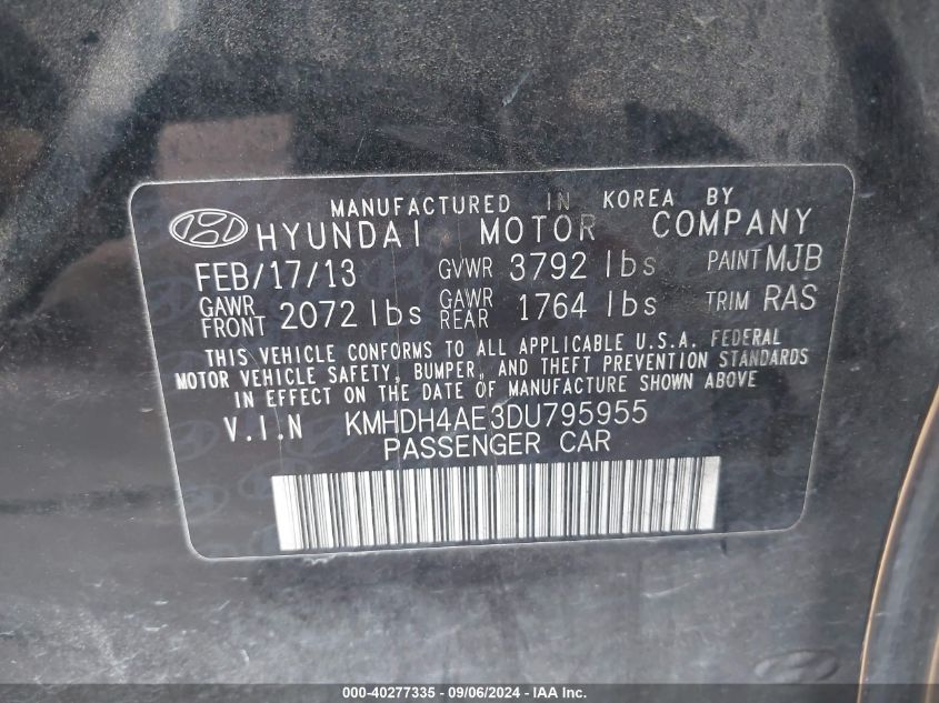 2013 Hyundai Elantra Gls VIN: KMHDH4AE3DU795955 Lot: 40277335