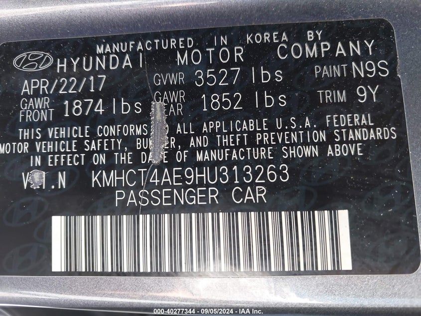 VIN KMHCT4AE9HU313263 2017 HYUNDAI ACCENT SE