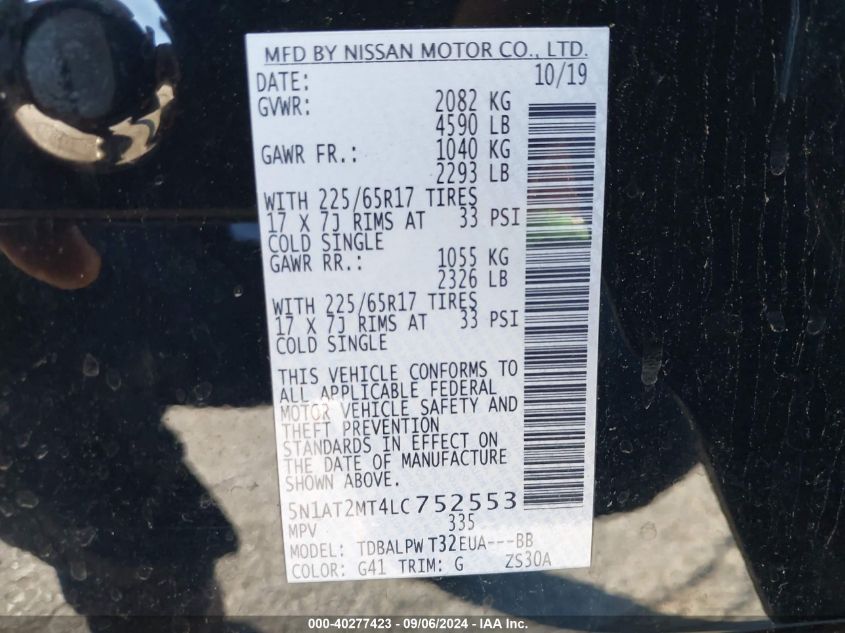 2020 Nissan Rogue S Fwd VIN: 5N1AT2MT4LC752553 Lot: 40277423