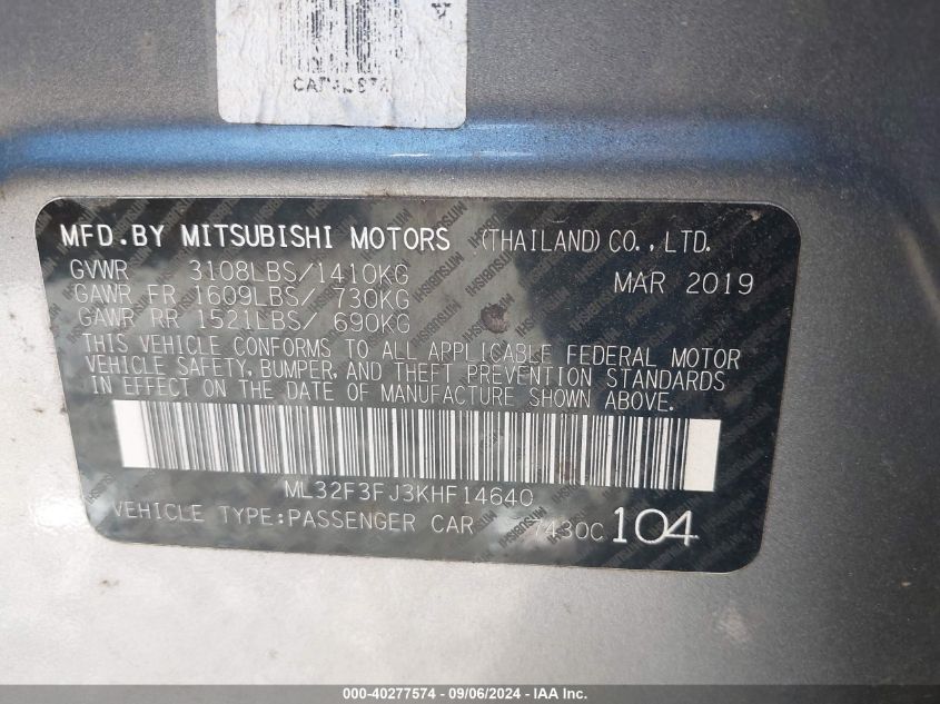 ML32F3FJ3KHF14640 2019 Mitsubishi Mirage G4 Es