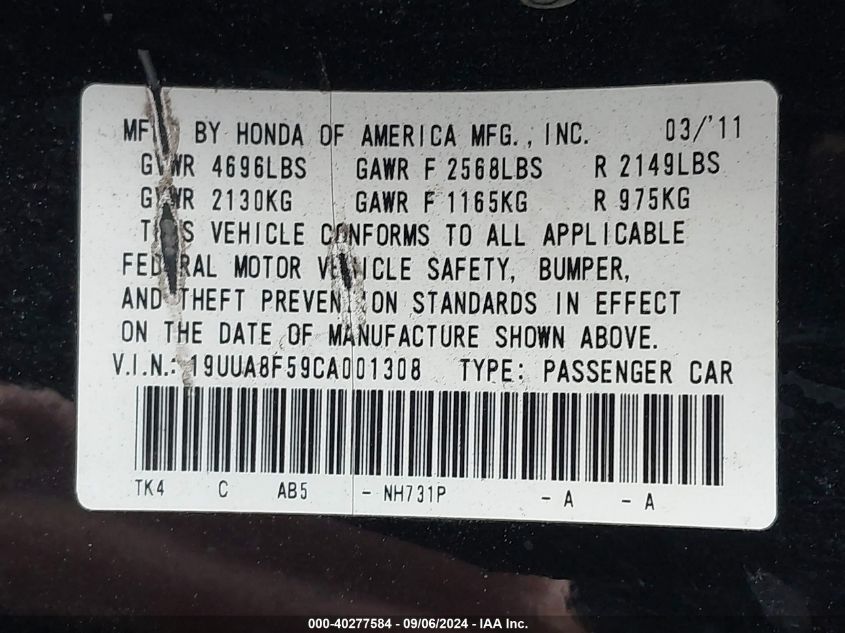 2012 Acura Tl VIN: 19UUA8F59CA001308 Lot: 40277584