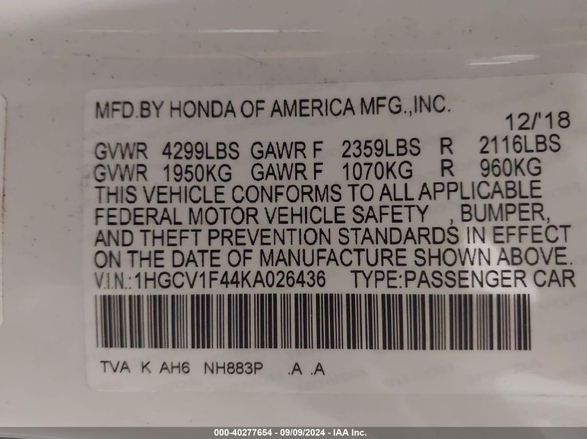 1HGCV1F44KA026436 2019 Honda Accord Ex