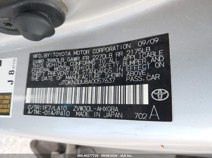 2010 Toyota Prius Iv VIN: JTDKN3DU8A0057637 Lot: 40277729