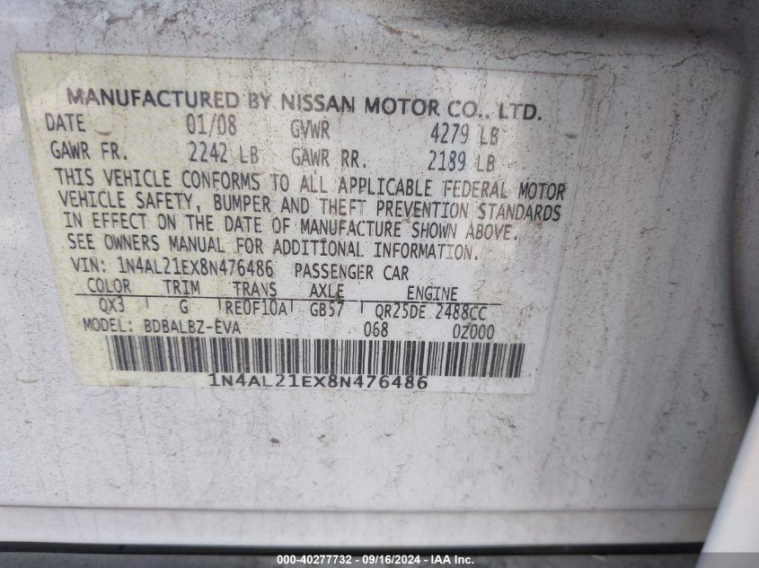 2008 Nissan Altima 2.5 S VIN: 1N4AL21EX8N476486 Lot: 40277732