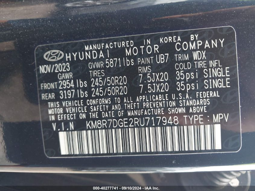 2024 Hyundai Palisade Calligraphy VIN: KM8R7DGE2RU717948 Lot: 40277741