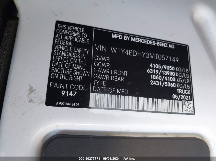 2021 Mercedes-Benz Sprinter 2500 High Roof V6 VIN: W1Y4EDHY3MT057149 Lot: 40277771