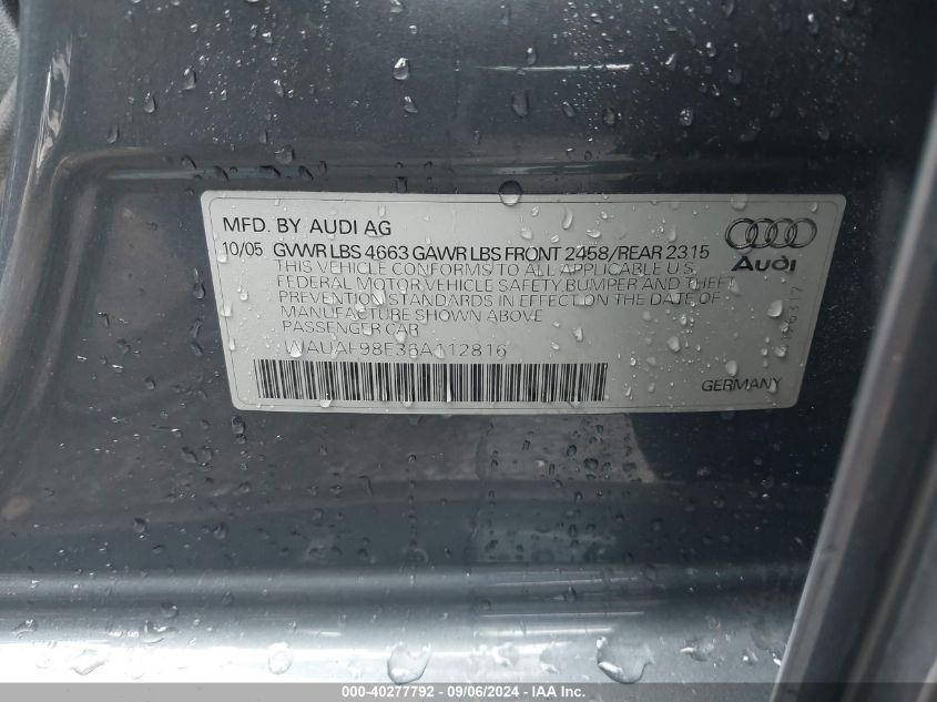 2006 Audi A4 2.0T VIN: WAUAF98E36A112816 Lot: 40277792