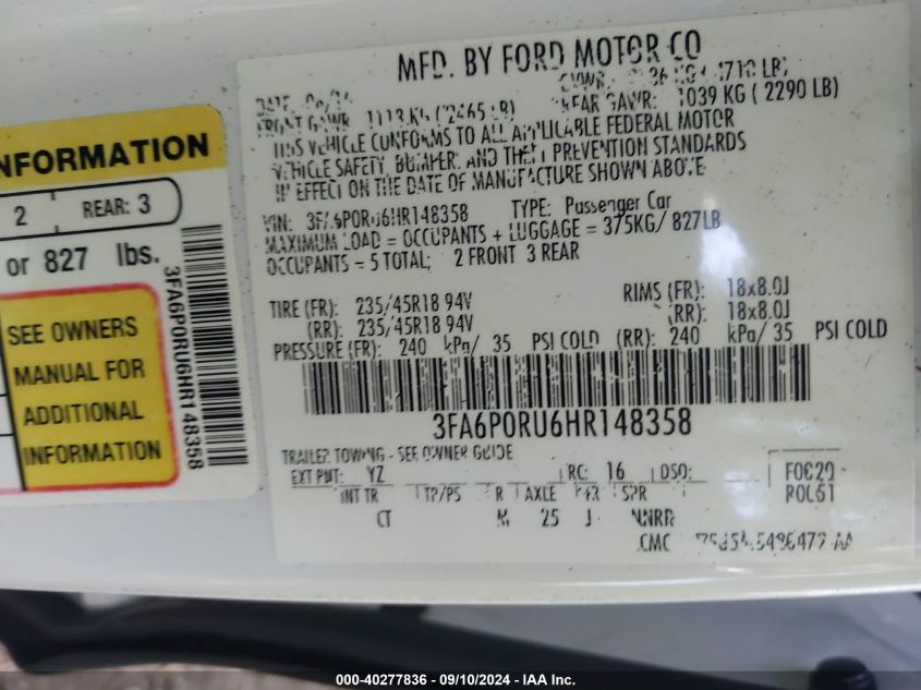 2017 Ford Fusion Titanium Hev VIN: 3FA6P0RU6HR148358 Lot: 40277836