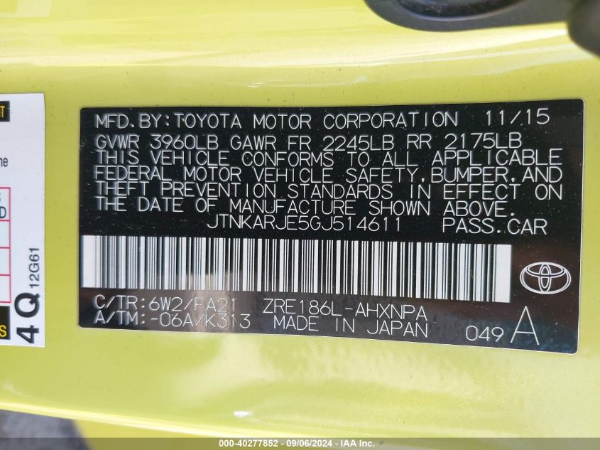 2016 Scion Im VIN: JTNKARJE5GJ514611 Lot: 40277852