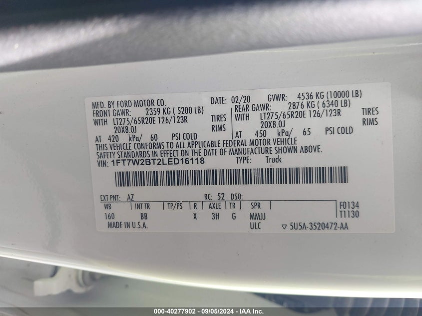 2020 Ford F250 Super Duty VIN: 1FT7W2BT2LED16118 Lot: 40277902