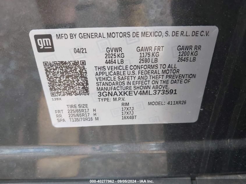 2021 Chevrolet Equinox Lt VIN: 3GNAXKEV4ML373591 Lot: 40277962