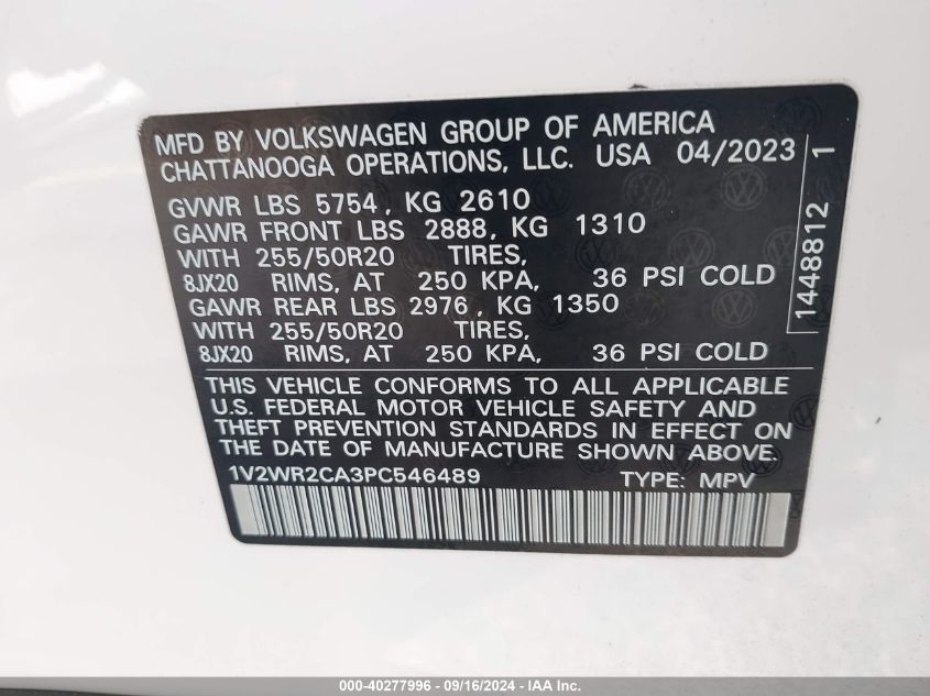 2023 Volkswagen Atlas Se VIN: 1V2WR2CA3PC546489 Lot: 40277996