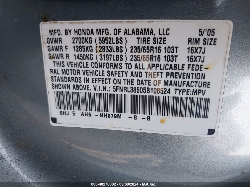 2005 Honda Odyssey Ex-L VIN: 5FNRL38605B108524 Lot: 40278002