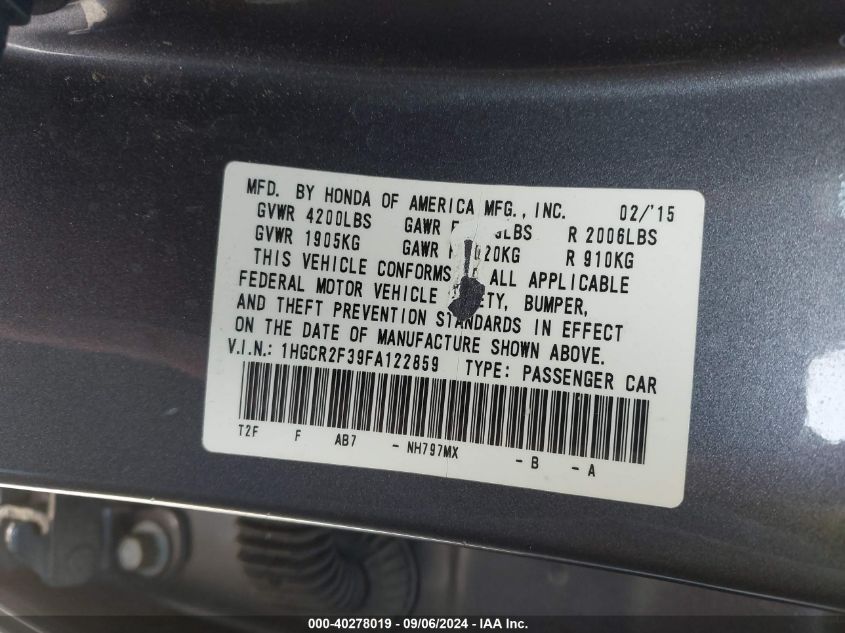 1HGCR2F39FA122859 2015 Honda Accord Lx