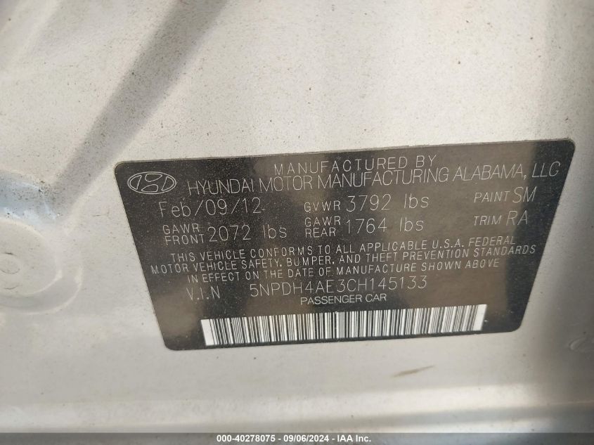 5NPDH4AE3CH145133 2012 Hyundai Elantra Limited