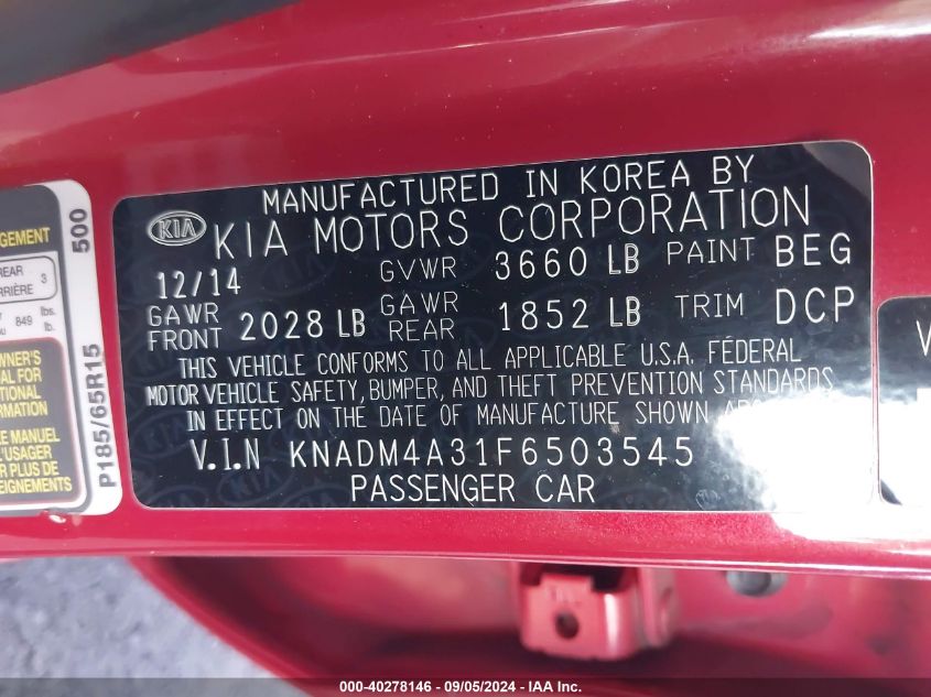 2015 Kia Rio Lx VIN: KNADM4A31F6503545 Lot: 40278146