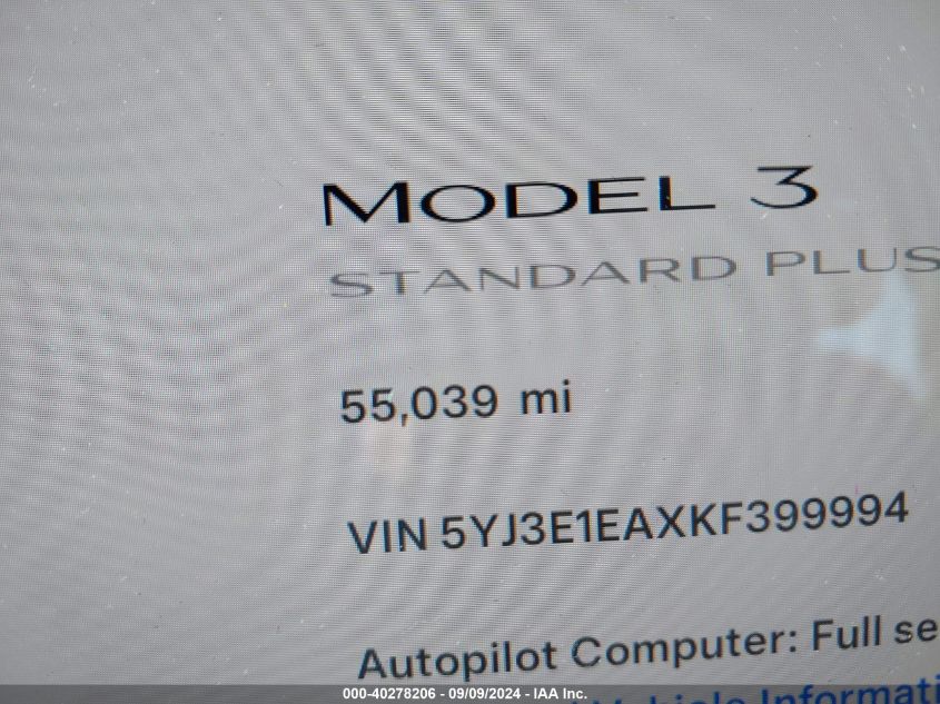 2019 Tesla Model 3 Long Range/Mid Range/Standard Range/Standard Range Plus VIN: 5YJ3E1EAXKF399994 Lot: 40278206