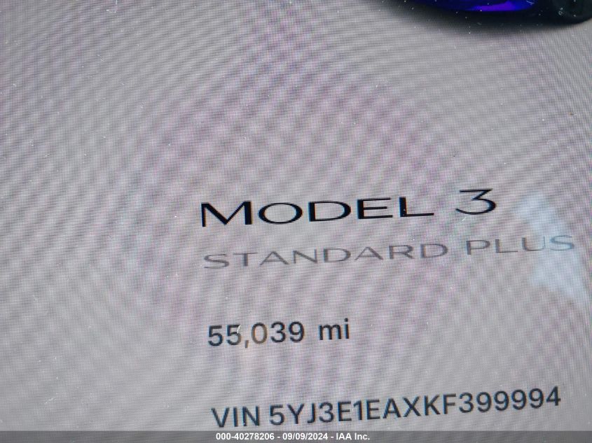 2019 Tesla Model 3 Long Range/Mid Range/Standard Range/Standard Range Plus VIN: 5YJ3E1EAXKF399994 Lot: 40278206