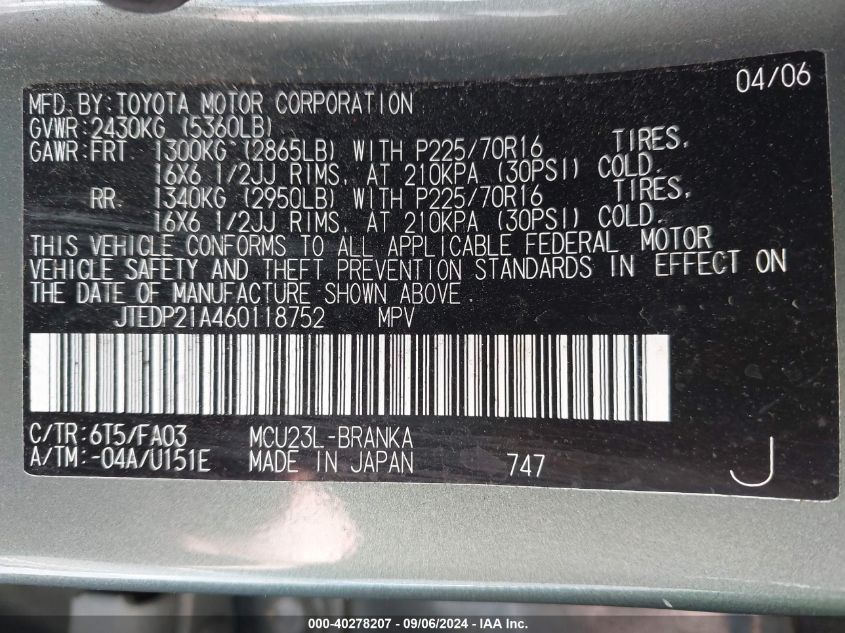 JTEDP21A460118752 2006 Toyota Highlander V6