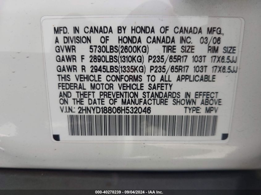 2006 Acura Mdx VIN: 2HNYD18806H532046 Lot: 40278239