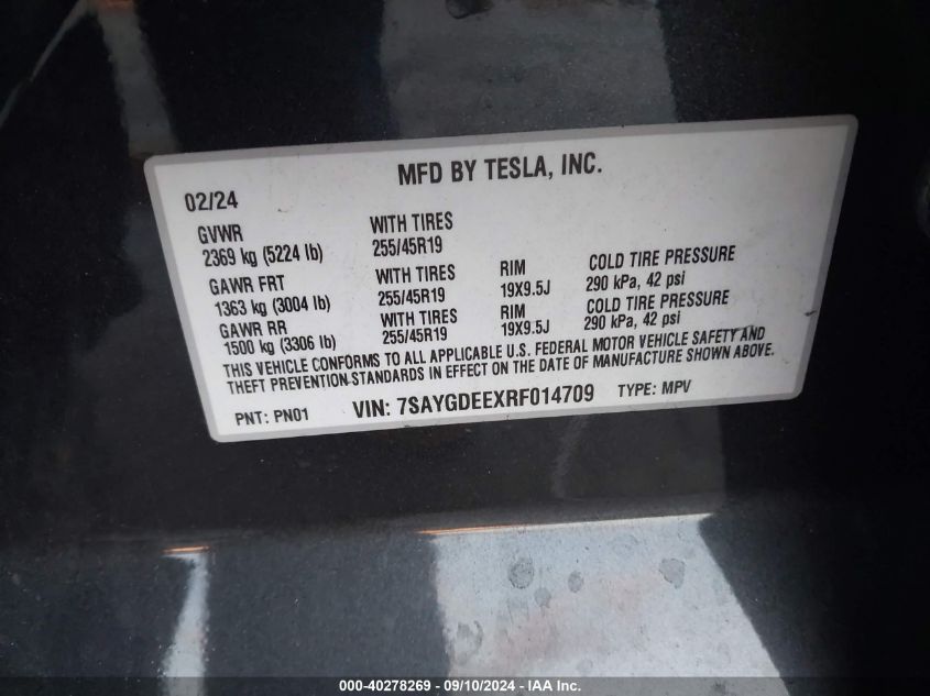 2024 Tesla Model Y Long Range Dual Motor All-Wheel Drive VIN: 7SAYGDEEXRF014709 Lot: 40278269