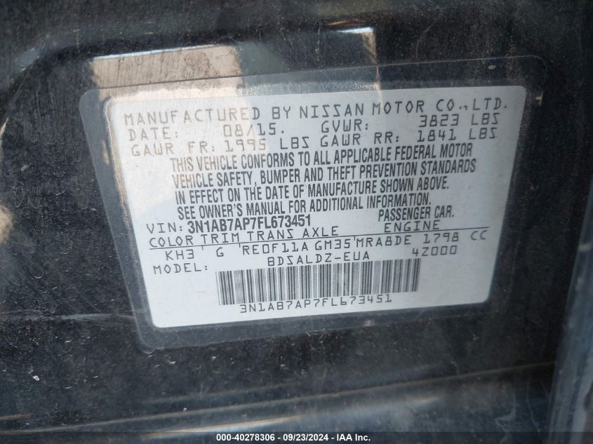 3N1AB7AP7FL673451 2015 Nissan Sentra Sv