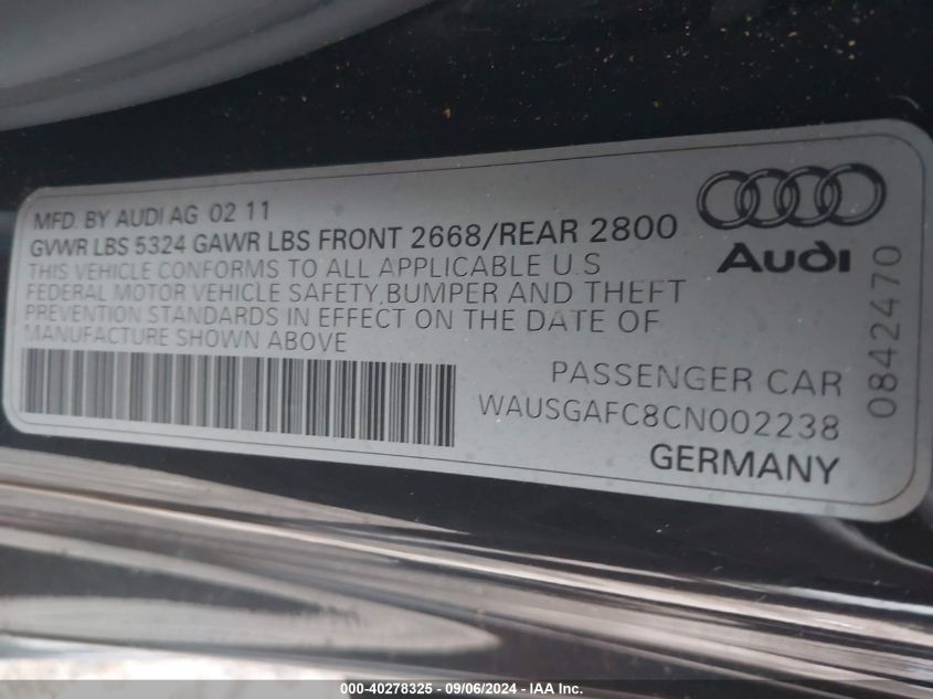 2012 Audi A7 Premium VIN: WAUSGAFC8CN002238 Lot: 40278325