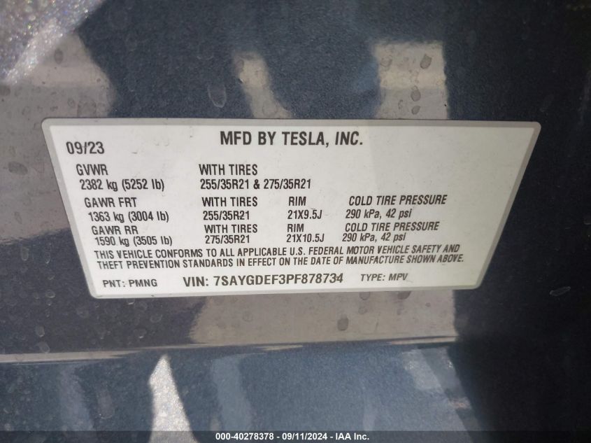 2023 Tesla Model Y VIN: 7SAYGDEF3PF878734 Lot: 40278378