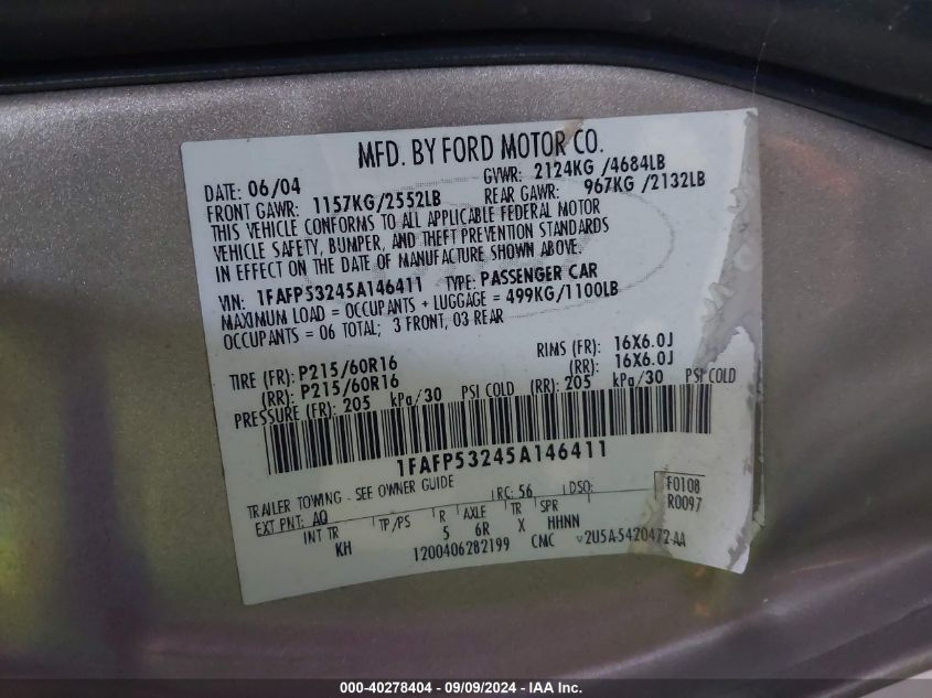 2005 Ford Taurus Se VIN: 1FAFP532445A14641 Lot: 40278404