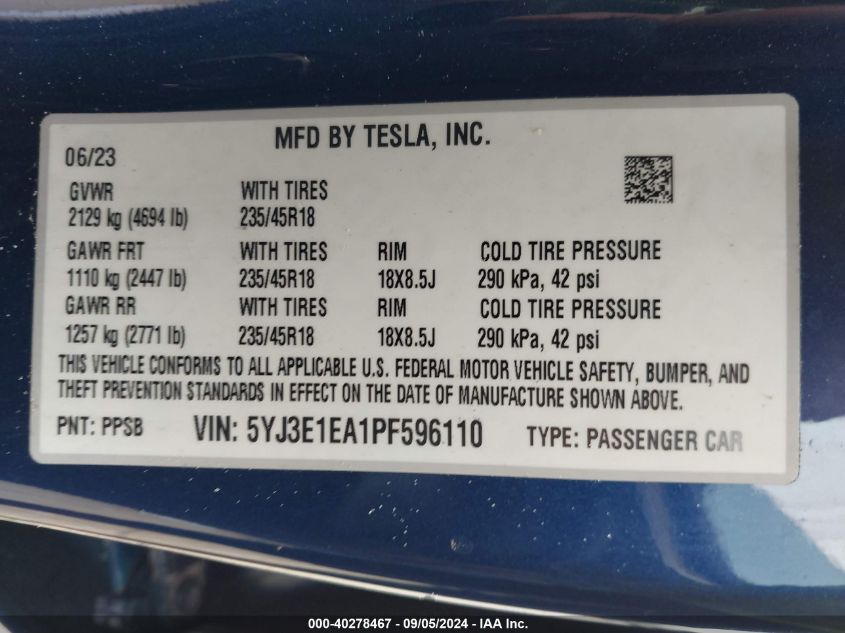 2023 Tesla Model 3 VIN: 5YJ3E1EA1PF596110 Lot: 40278467