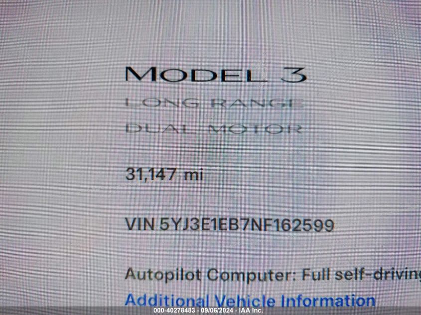 2022 Tesla Model 3 VIN: 5YJ3E1EB7NF162599 Lot: 40278483