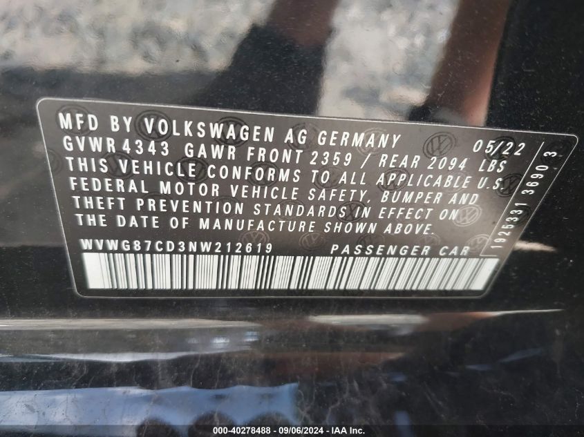 WVWG87CD3NW212619 2022 Volkswagen Golf Gti 2.0T S