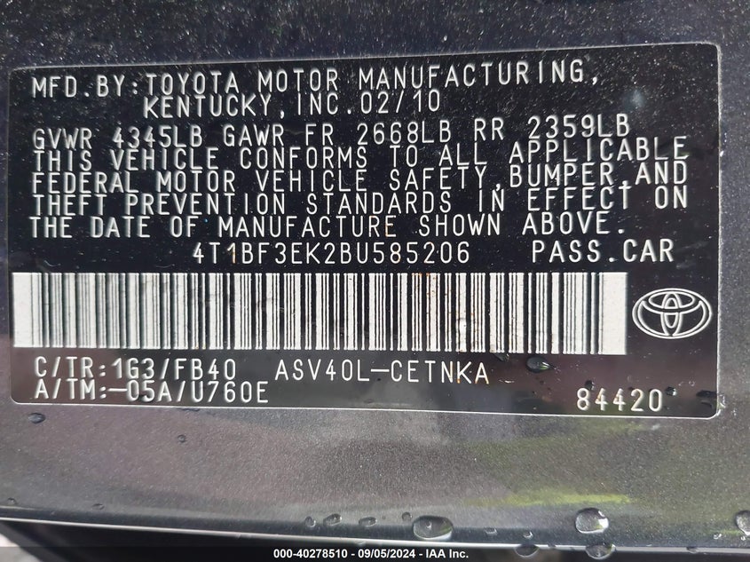 2011 TOYOTA CAMRY VIN: 4T1BF3EK2BU585206