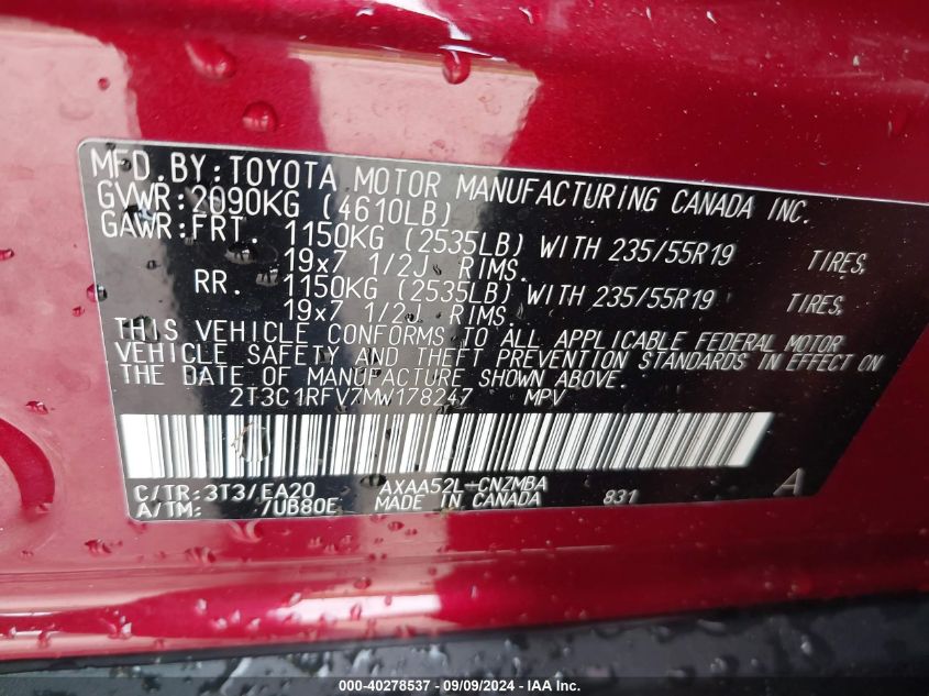 2021 TOYOTA RAV4 2.5L I4 FI DOHC 16V (VIN: 2T3C1RFV7MW178247