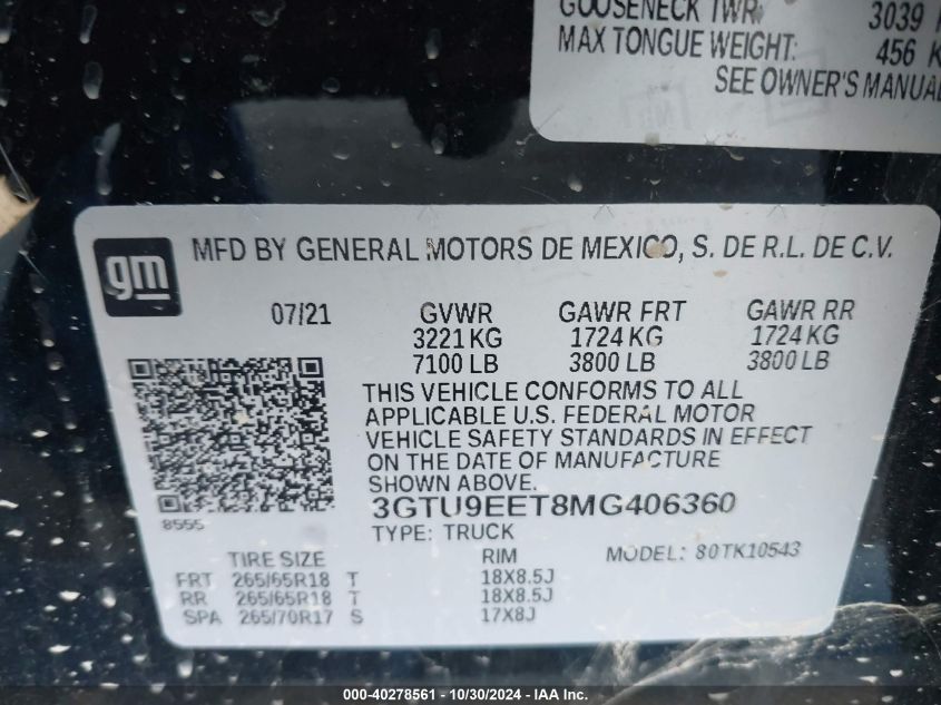 2021 GMC Sierra 1500 4Wd Short Box At4 VIN: 3GTU9EET8MG406360 Lot: 40278561