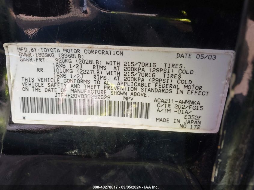 2003 Toyota Rav4 VIN: JTEHH20V830252629 Lot: 40278617