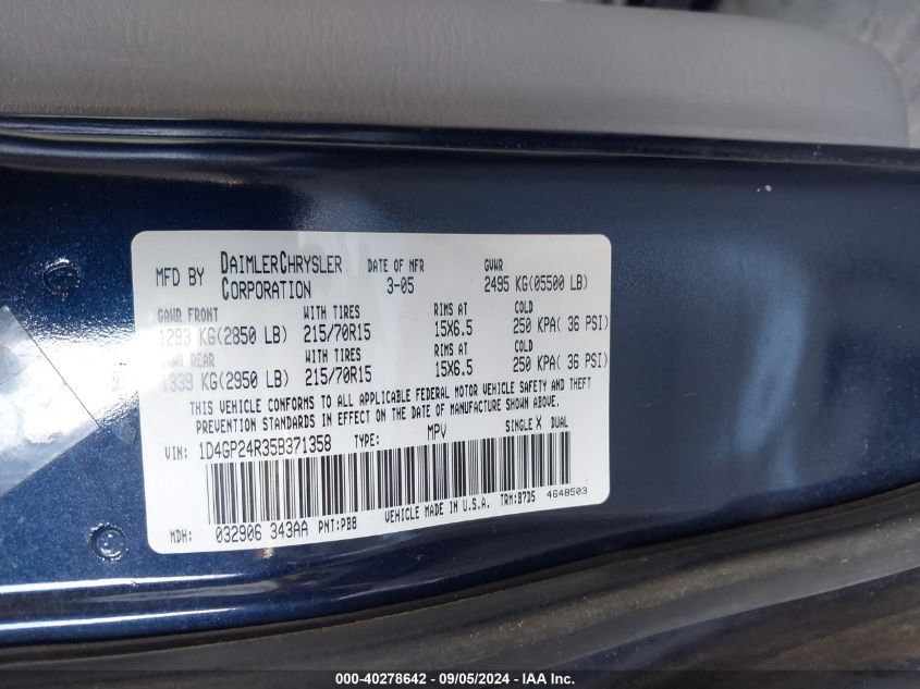 2005 Dodge Grand Caravan Se VIN: 1D4GP24R35B371358 Lot: 40278642