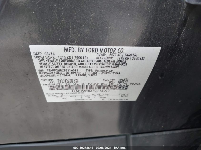 1FAHP2H8XFG116011 2015 Ford Taurus Sel