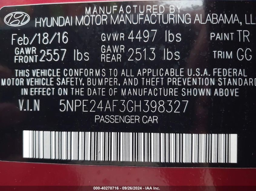 5NPE24AF3GH398327 2016 Hyundai Sonata Se