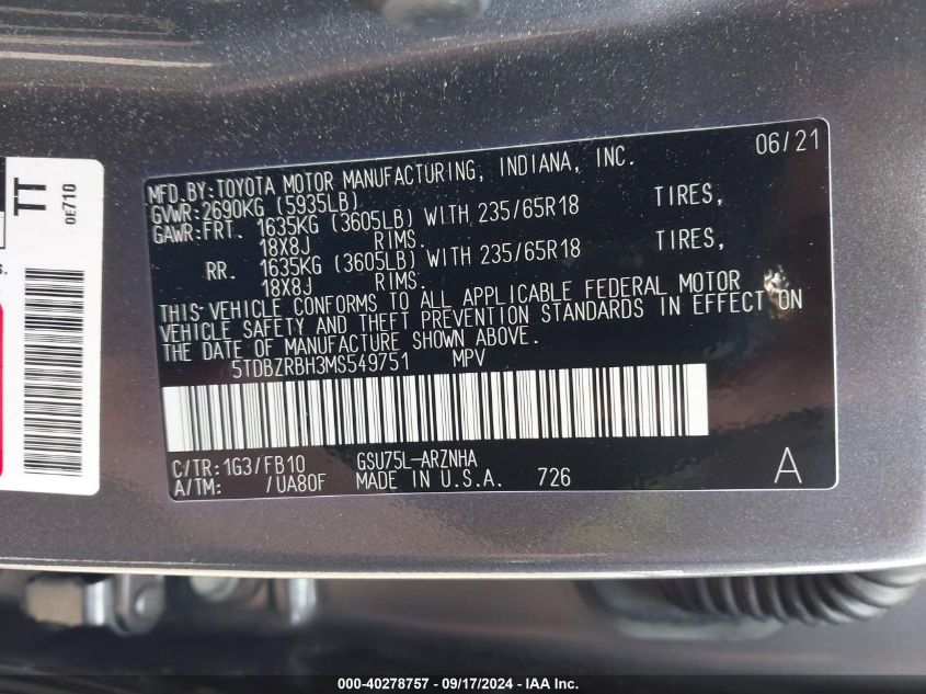 5TDBZRBH3MS549751 2021 Toyota Highlander Le