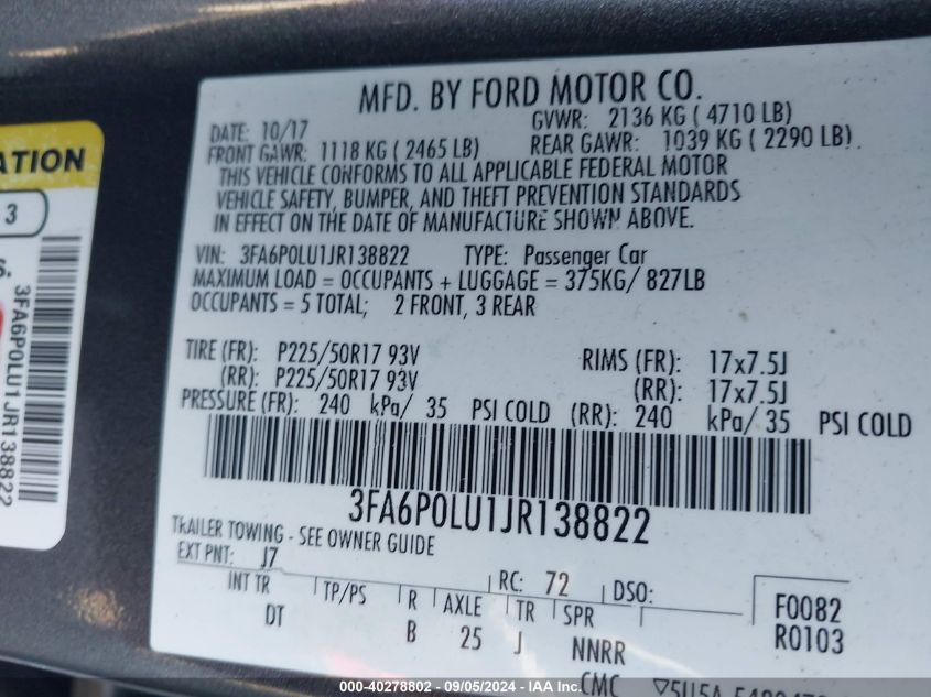 2018 Ford Fusion Hybrid Se Hybrid VIN: 3FA6P0LU1JR138822 Lot: 40278802