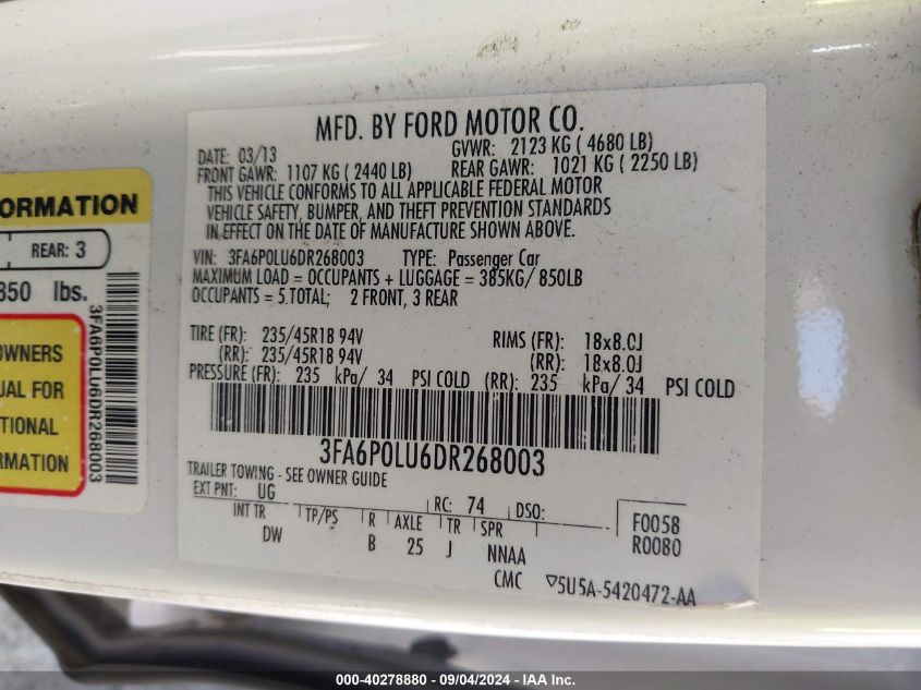 2013 Ford Fusion Hybrid Se VIN: 3FA6P0LU6DR268003 Lot: 40278880