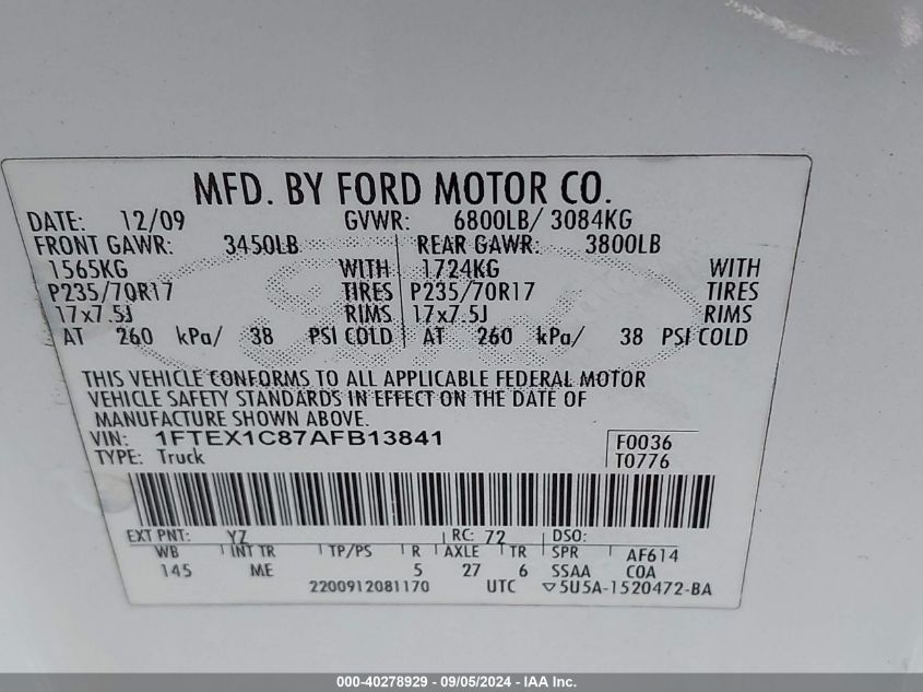 2010 Ford F150 Super Cab VIN: 1FTEX1C87AFB13841 Lot: 40278929