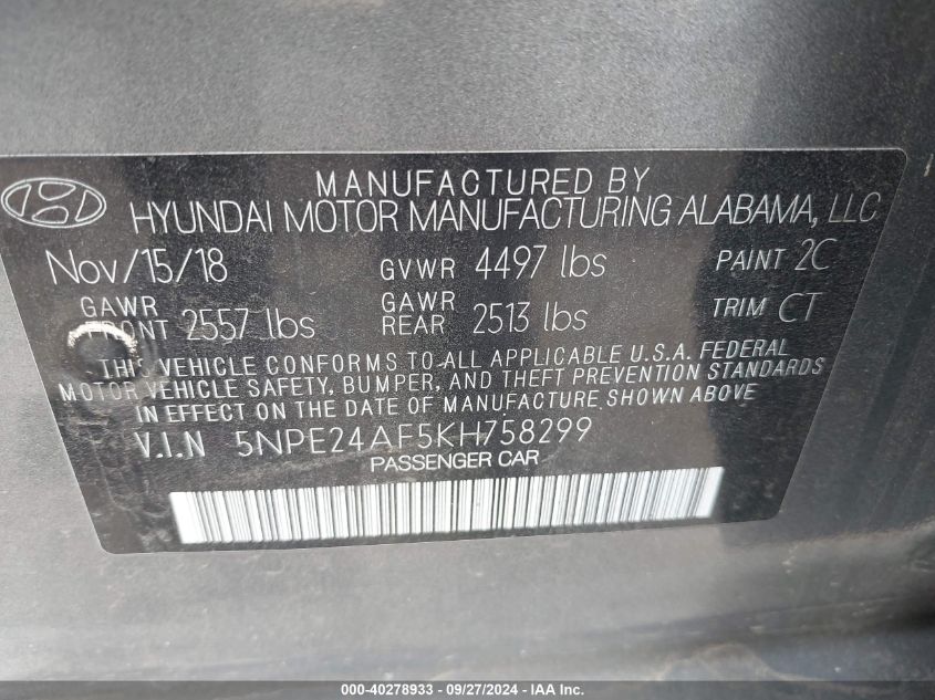 5NPE24AF5KH758299 2019 Hyundai Sonata Se