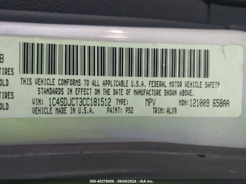 2012 Dodge Durango R/T VIN: 1C4SDJCT3CC181512 Lot: 40279006