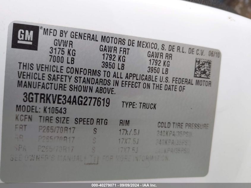 3GTRKVE34AG277619 2010 GMC Sierra 1500 Sle