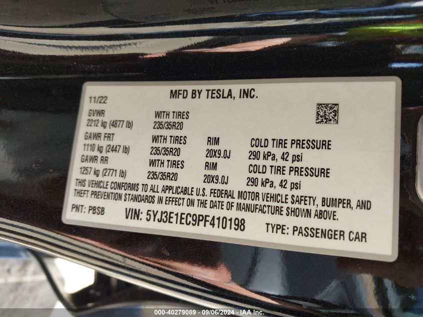 2023 Tesla Model 3 Performance Dual Motor All-Wheel Drive VIN: 5YJ3E1EC9PF410198 Lot: 40279089